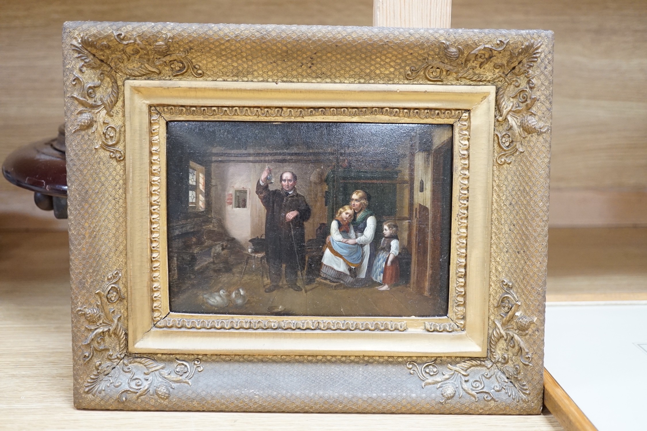 Late 19th century Austrian School, oil on papier mache, 'The Doctor's Visit', possibly once a box lid, 11.5 x 17cm